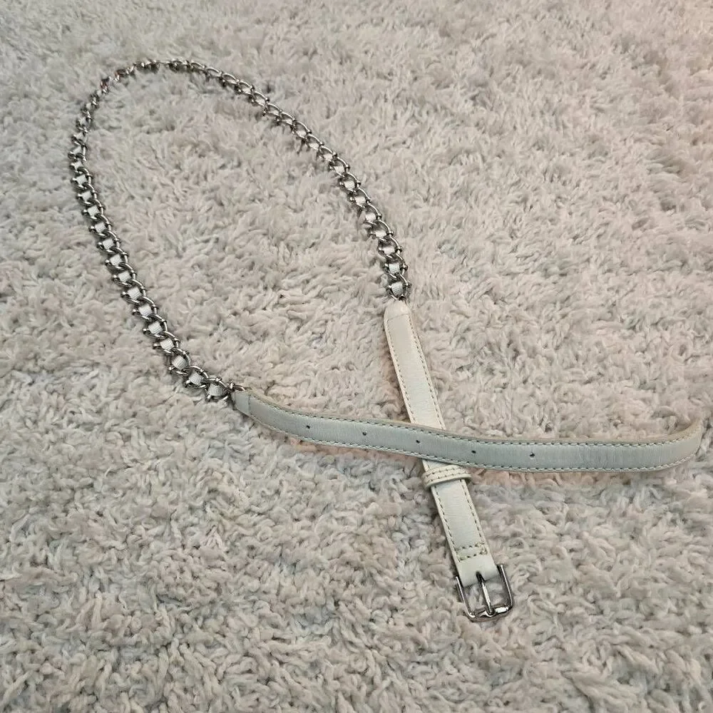 Ann Taylor White Leather and Chain Ribbon Belt M